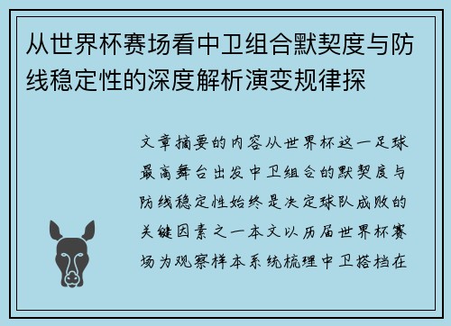 从世界杯赛场看中卫组合默契度与防线稳定性的深度解析演变规律探