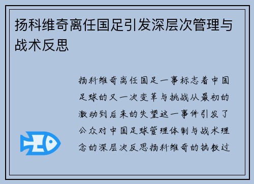 扬科维奇离任国足引发深层次管理与战术反思